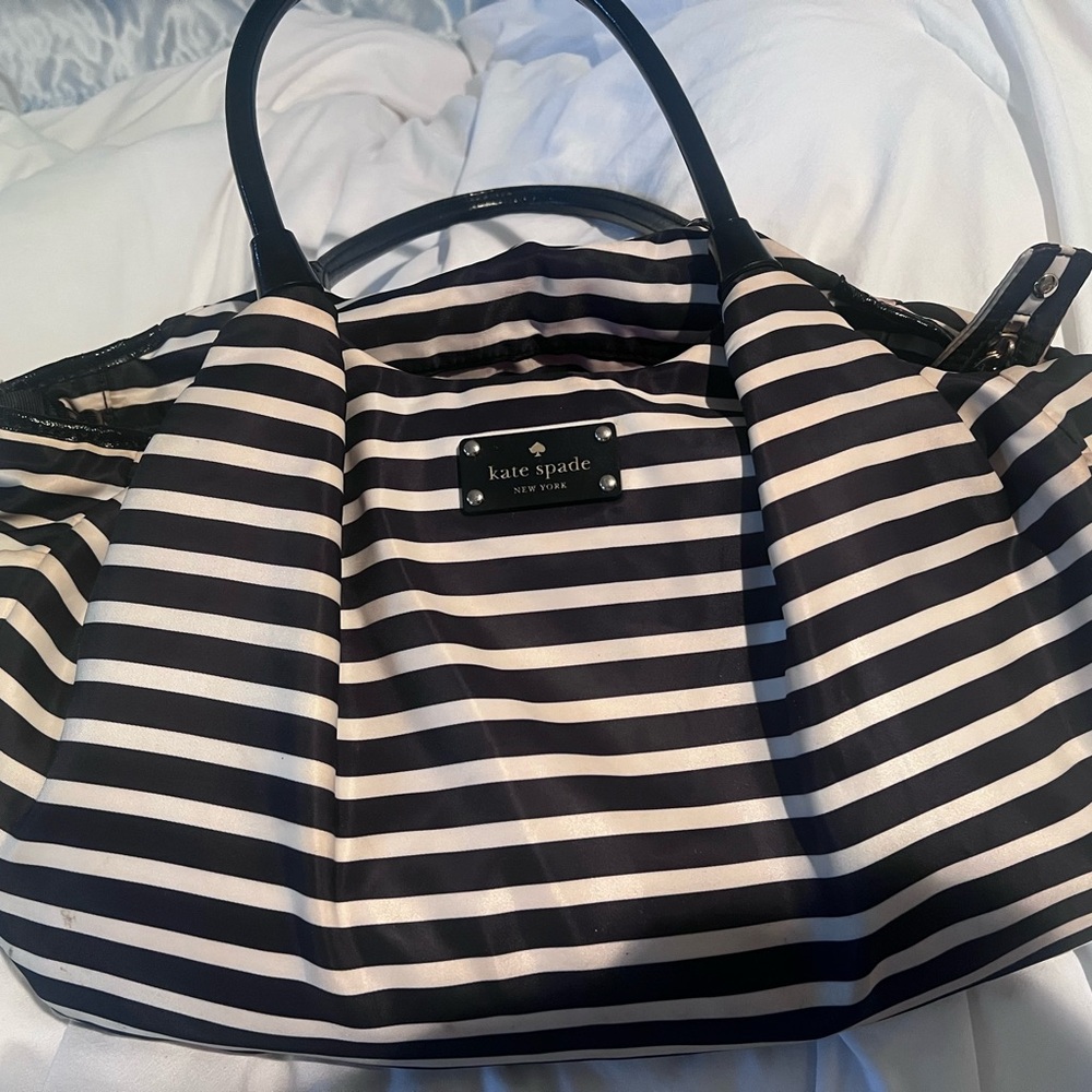 Kate Spade Black & White Striped Stevie Diaper Bag. Dust cover and changing pad